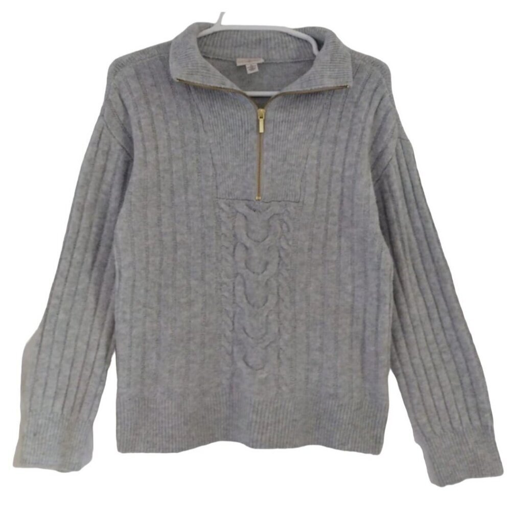 St. John's Bay Women's Gray Cable Knit Half-Zip Sweater S Polyester/Spandex.